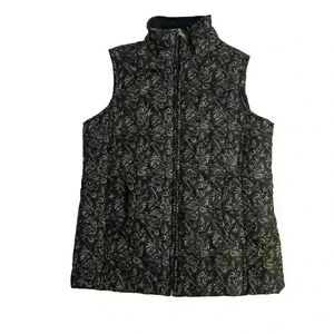 Jane Ashley Womens Small Quilted Vest Black & Taupe Paisley Lightweight Pockets